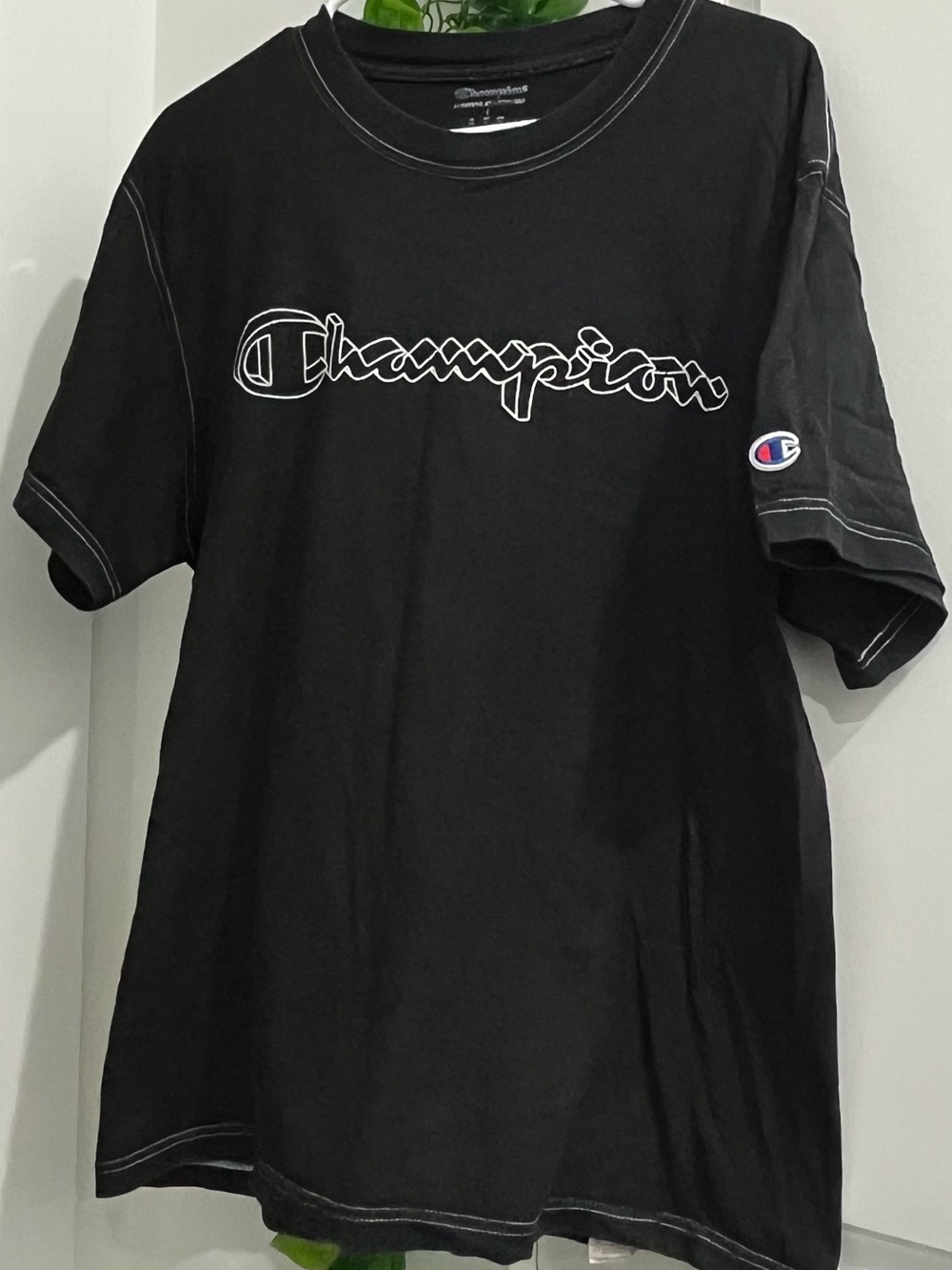 Champion Black Short Sleeve Logo Tee with White Outline